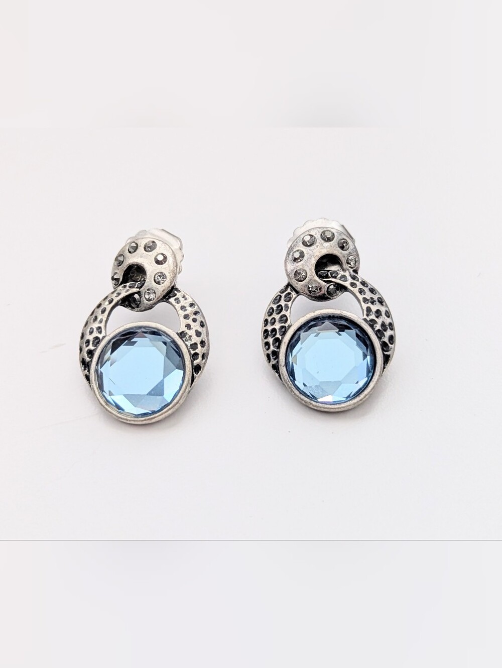Vintage Lia Sophia Kiam Family Hammered Silver-Tone Light-Blue Pierced Earrings